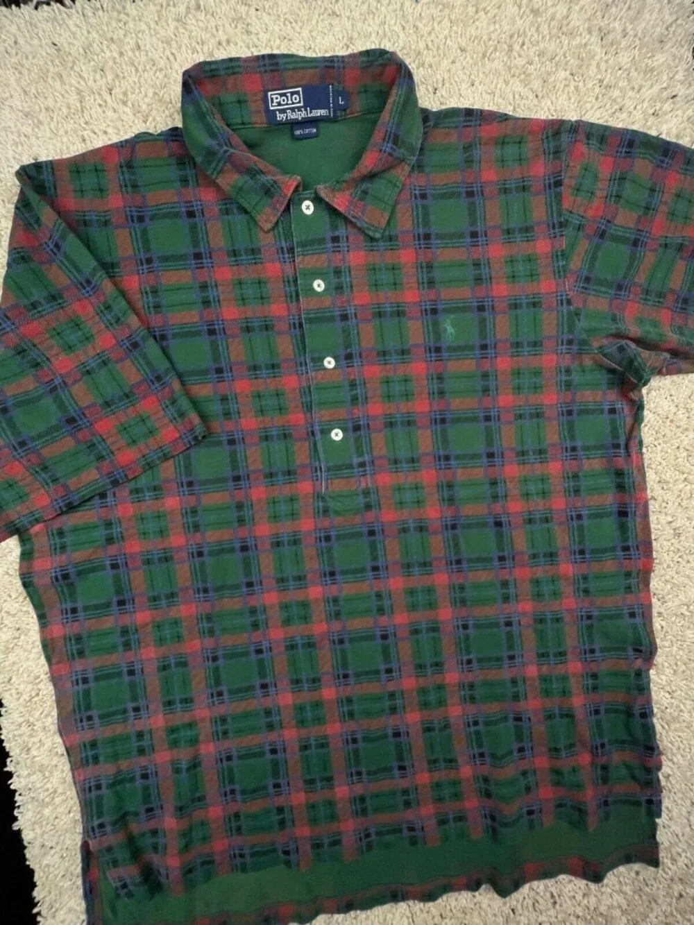 Polo Ralph Lauren Cotton Short Sleeve Polo Shirt w Pony Large Plaid Green Red